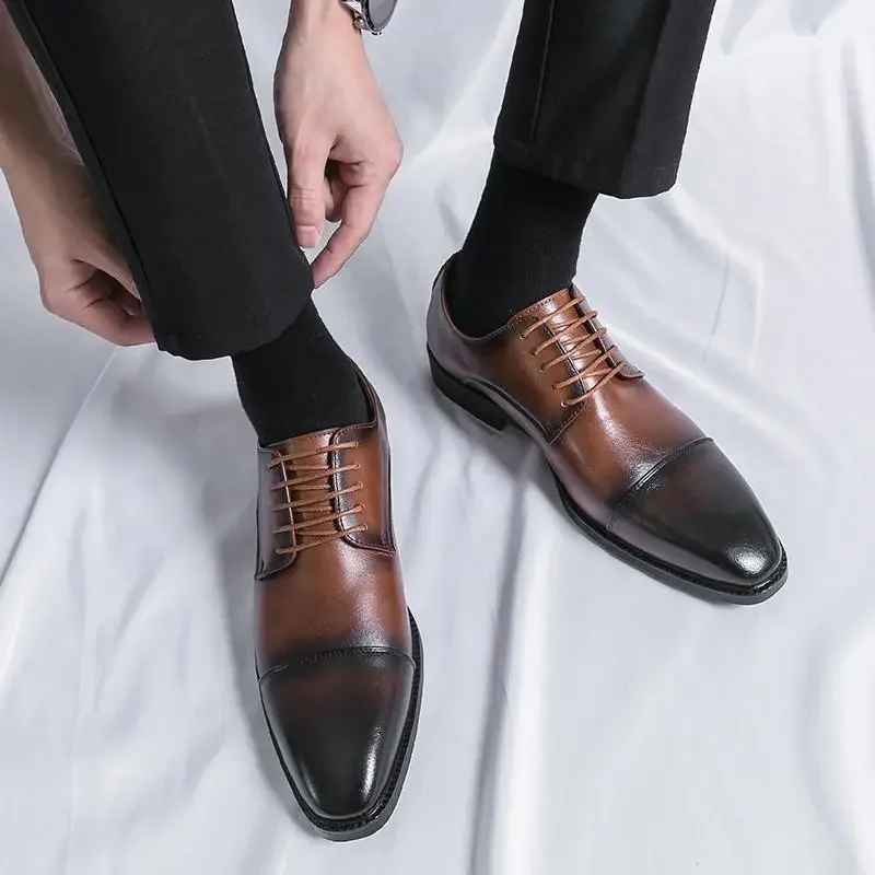 

Classic Retro Men's Derby Shoes Lace-up Leather Office Dress Shoes Fashion Square Toe Wedding Flats
