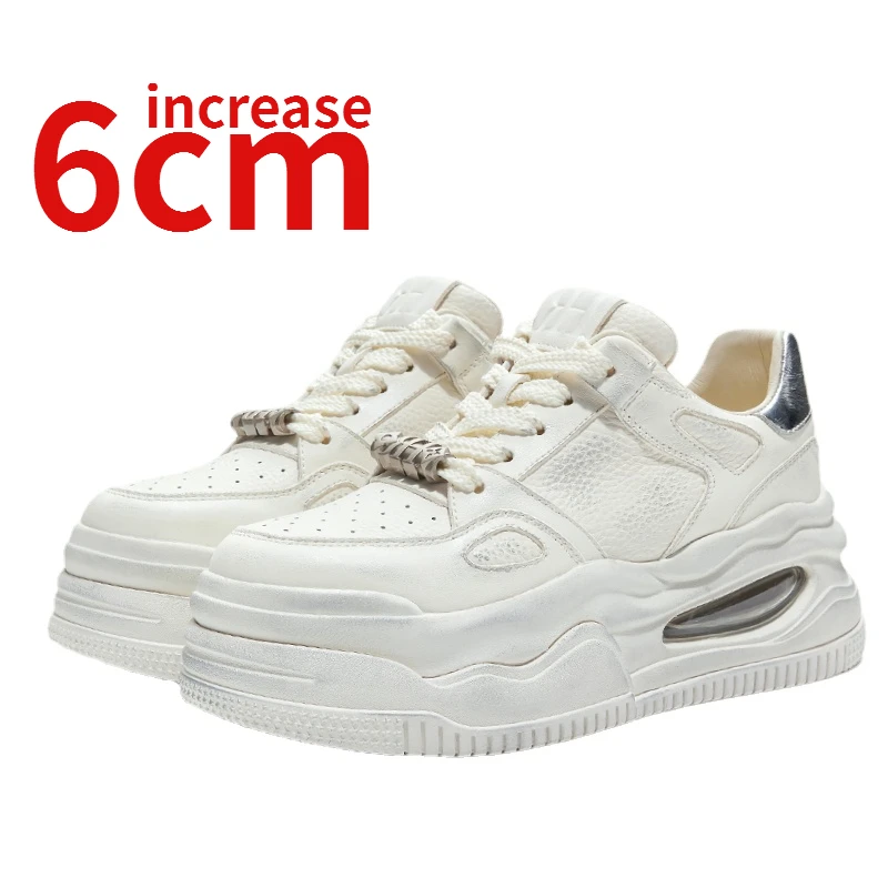 

Genuine Leather Retro White Shoes for Women Increased 6cm Thick Soled Sneakers Casual Sports Board Shoes Height Increasing Shoe