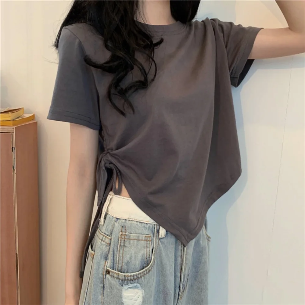 

Irregular Drawstring Short Sleeves 2024 Summer Korean Style Undershirt Versatile Shoulder Short Sleeve T-shirt Female