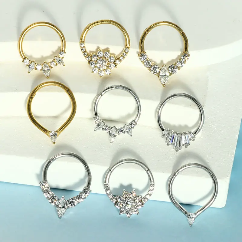 1pcs/lot 316L  Stainless Steel Conch Helix Daith Piercing Jewelry Zircon Nose Ring Snap Cartilager Earring Septum Jewelry Women