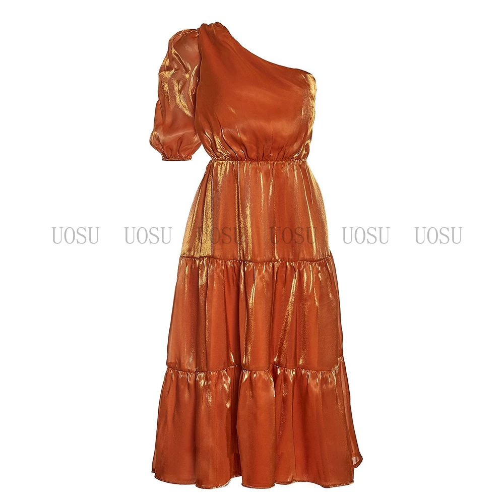 Cocktail Dress Sparkly A Line One Shoulder Half Sleeve Short Orange Tea Length Midi Wedding Party Dresses