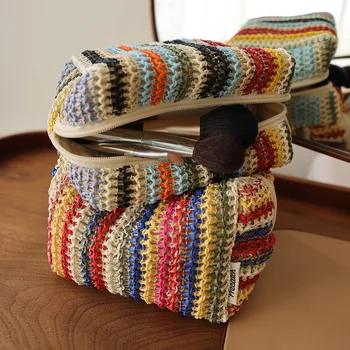 Colorful Knitted Cosmetic Bag Travel-Friendly Handbag Toiletry Pouch Women's Cosmetics & Skincare Organizer On-the-Go Bag-in-Bag 1