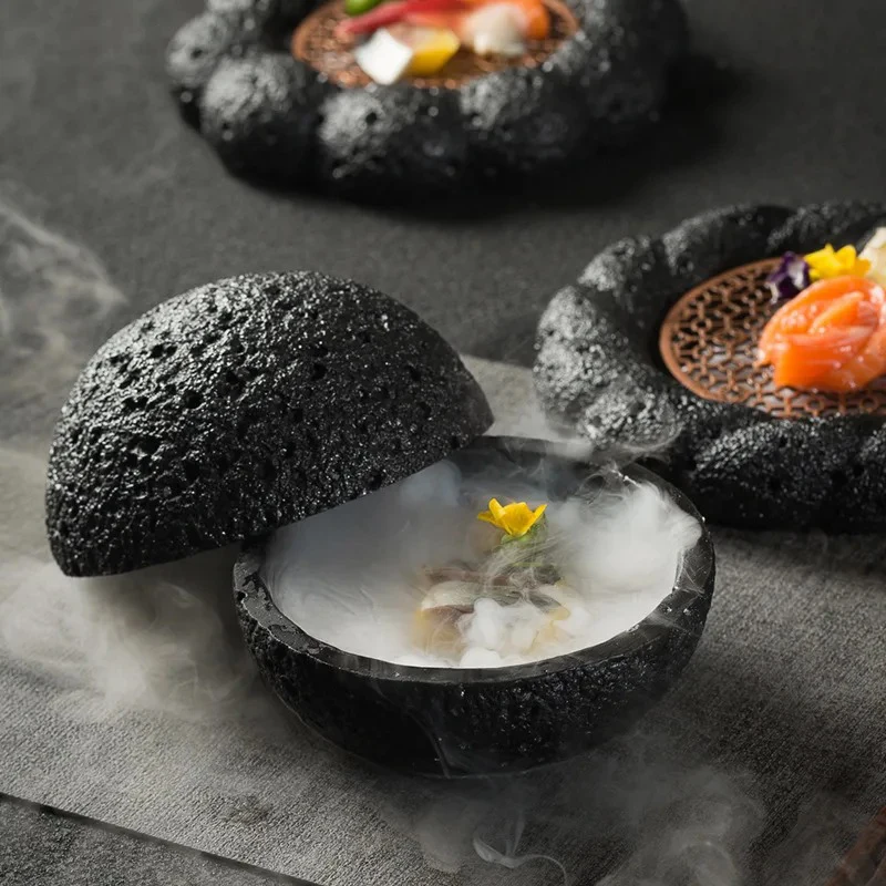 Creative Dry Ice Tray Smoked Planet Bowl Volcanic Stone Briquette Dinner Plate Irregular Dinner Cutlery Restaurant Dish Plate