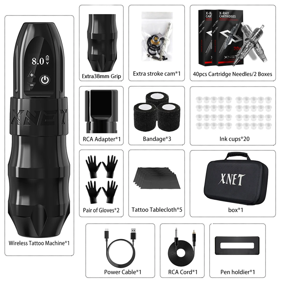 XNET Titan Wireless Tattoo Machine Kit with Extra 38mm Grip