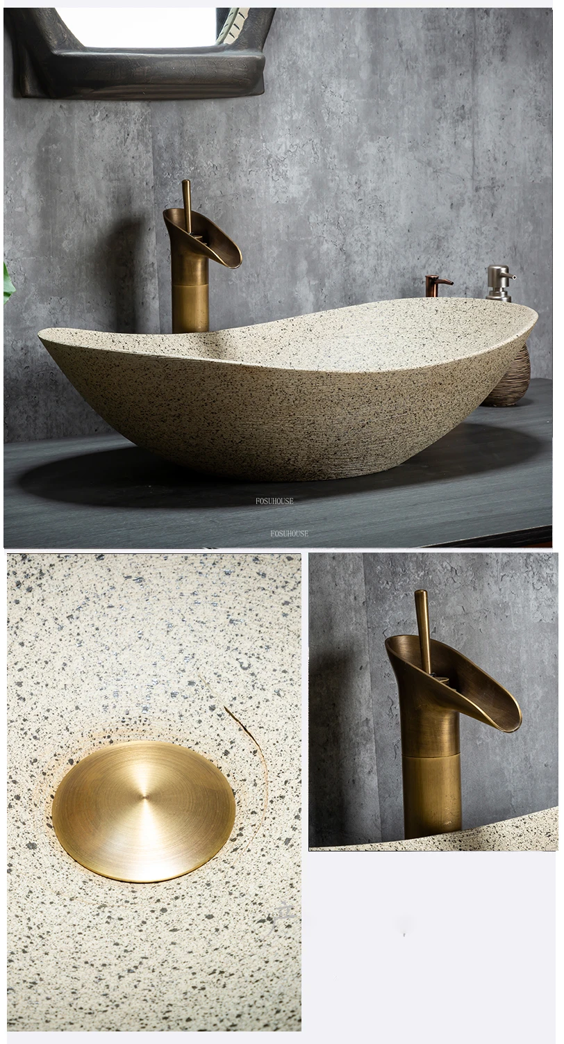 Modern Oval Bathroom Sinks Art Carved Countertop Basin Home Balcony Bathroom Washbasin Ceramic Handmade Basin Outdoor Washbasin
