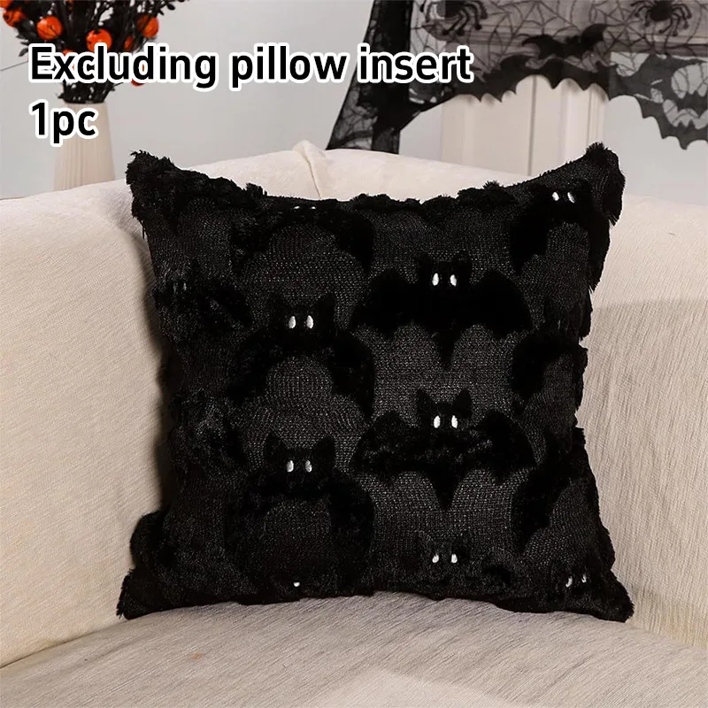 Halloween Black & White Ghost Bat Decorative Plush Pillow Cover - Festive Home Accent