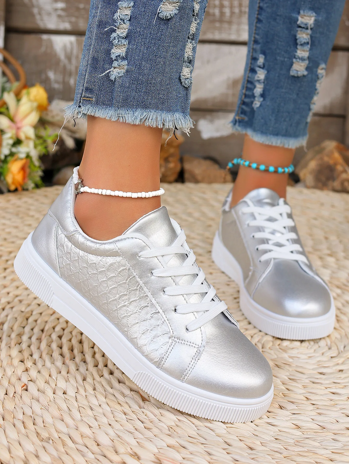Übergrößen 42 Damen Gold Silber Sneakers Frühling Herbst Neue Damen Mode Schnürschuhe Weiche PU-Leder Boardschuhe Damen Freizeitschuhe – Detail 13