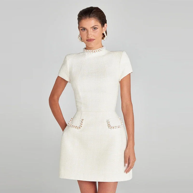 Elegant Tweed Short Party Dress Women Long Sleeve Square Collar Fake Pocket Evening Dresses Autumn Shiny Slim A-line Robes