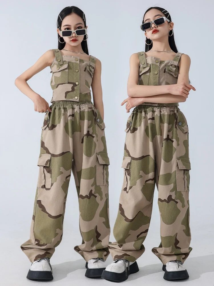 

Новые костюмы для бальных танцев в стиле хип-хоп для девочек, камуфляжный жилет, брюки в стиле хип-хоп, уличная одежда, одежда для джазовых танцев и представлений, сценическая одежда DN18163