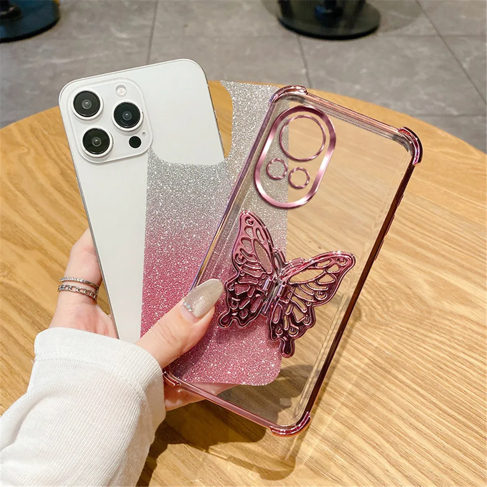 Shockproof Glitter Butterfly Stand Phone Case with Plating Soft Silicon Cover