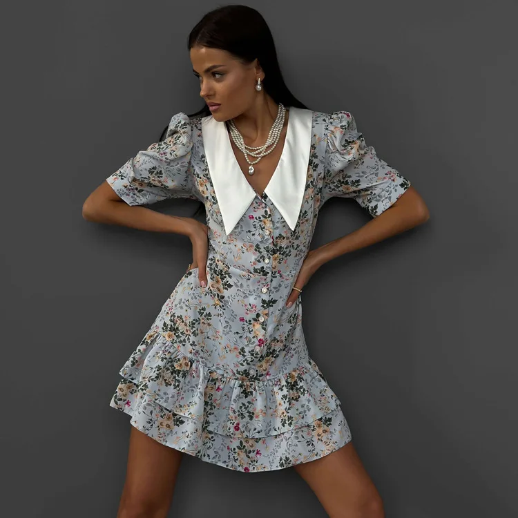 Printed Ruffled V-Neck Mini Dress Female Short Sleeve Fashion Slim High Waist Elegant Party Dress Women's Summer Dress New