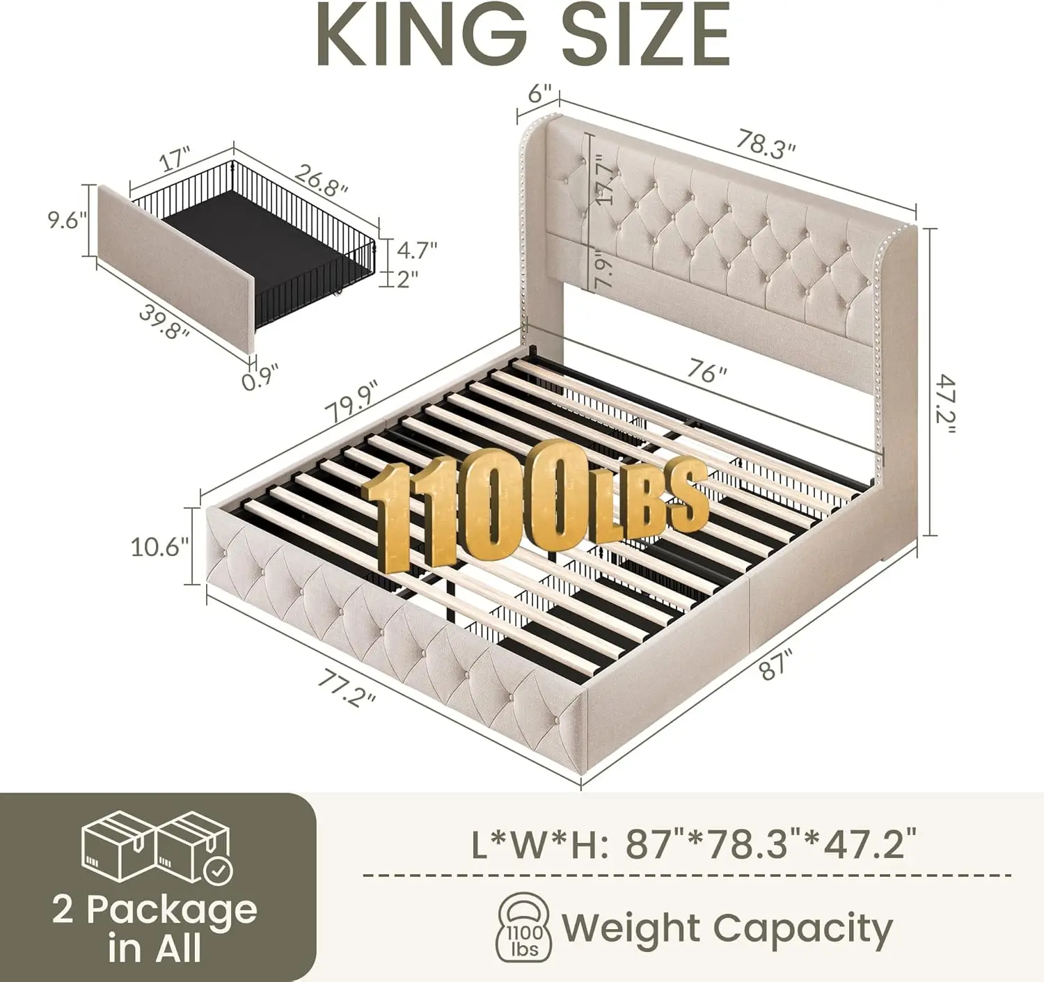 King Size Bed Frame with 4 Storage Drawers and Tufted Headboard Linen Upholstered Platform Bed Frame
