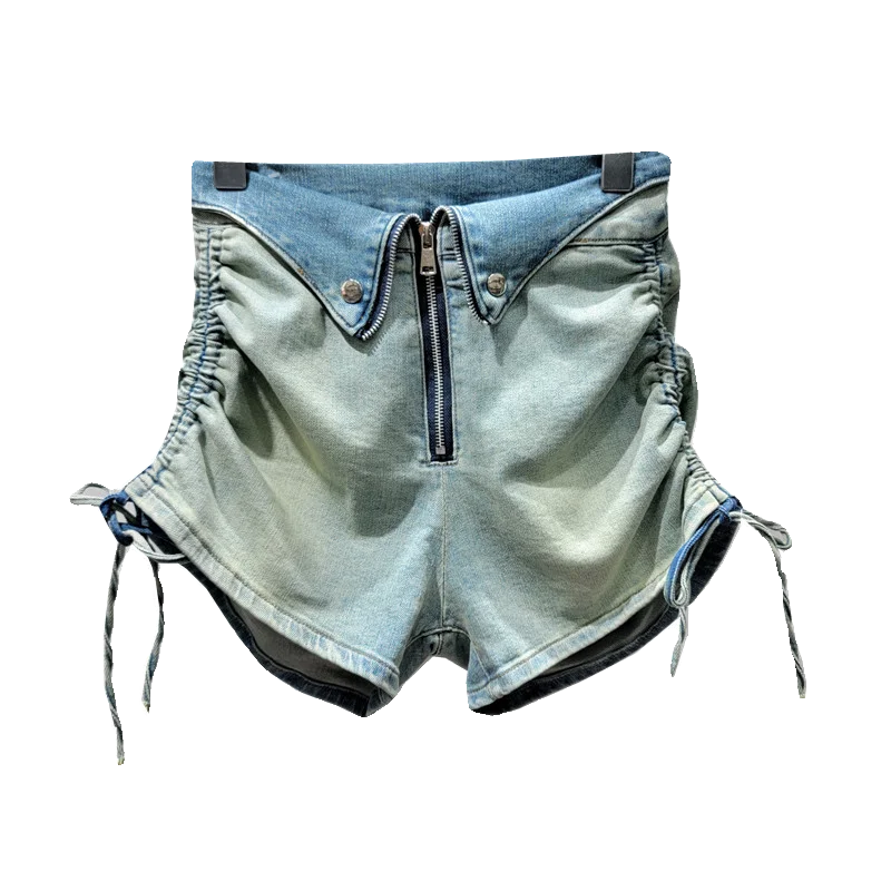 Chic Flanging Drawstring Jean Shorts Female Casual 2024 Summer New Streetwear Ins Women's High Waist Zipper Stretch Hot Pants