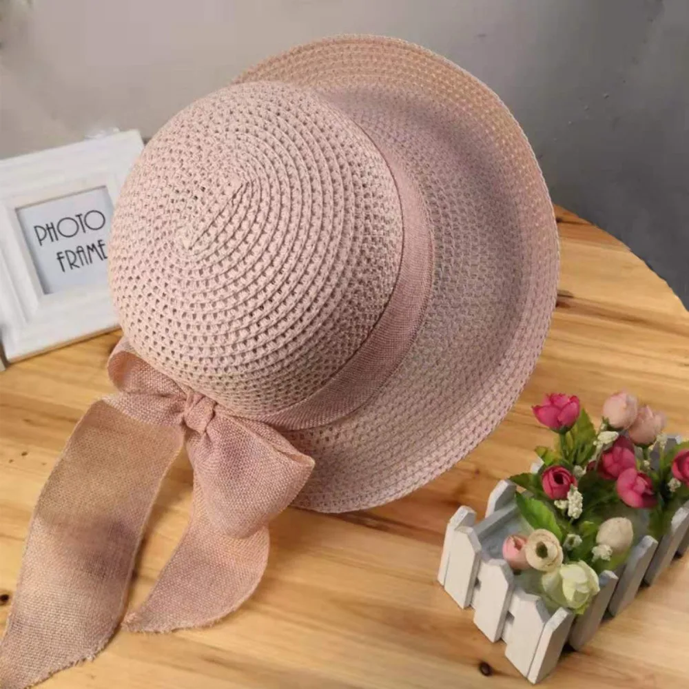 Women Fashion Straw Female Vacation Summer UV Protection Visor Beach Outing With Ribbon Foldable Sun Hat_voghion.com