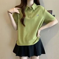 Embroidery Polo Neck T Shirt for Women Summer Outfit Woman Tshirt Y2k Fashion Korea Clearance One Pieces 90s Vintage Korean Kpop