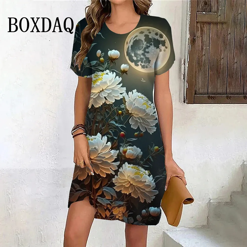 

New 2024 Summer Flower Print Dress Women Scenery Short Sleeve Mini Dress Loose Plus Size Casual Fashion O-Neck Female Clothing