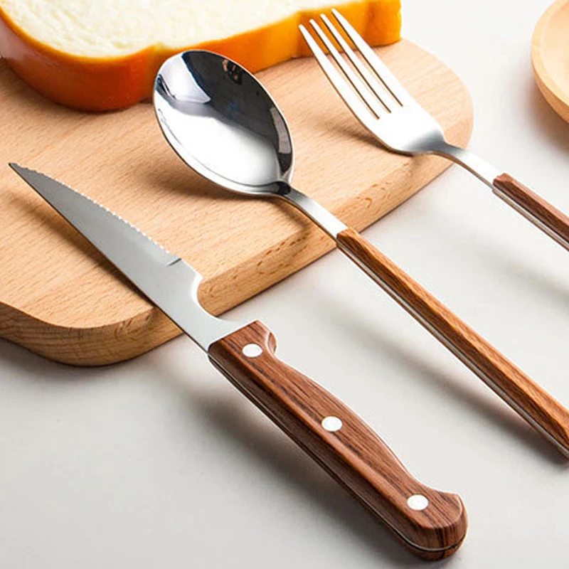 

12/16pcs Western Tableware Knife Fork Spoon Cutlery Set Imitation Wood Grain Clip Handle Stainless Steel Steak Knife Fork Set