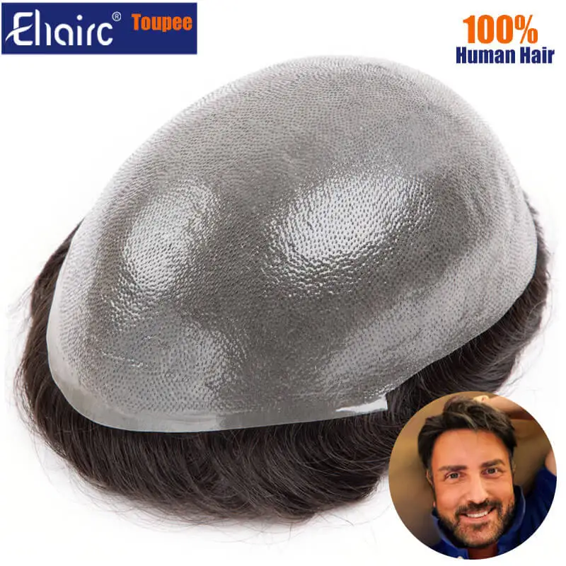 Premium Durable Knotted Microskin Male Hair Prosthesis 0.12MM Men's capillary prothesis Men's Wig 100% Human Hair Wigs for Men
