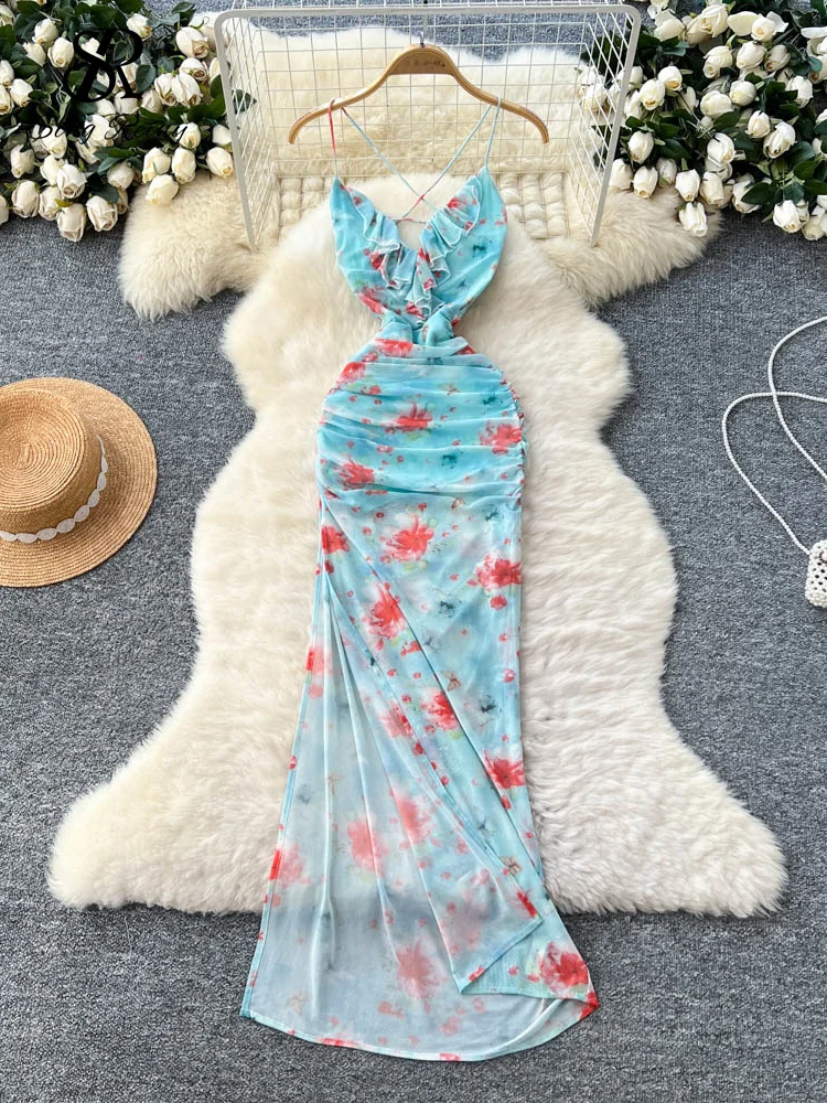 SINGREINY Vacation Style Floral Dress Spaghetti Strap Ruffles Splice V Neck  Backless Hotsweet Design French Mesh Long Sundress - AliExpress 200000345