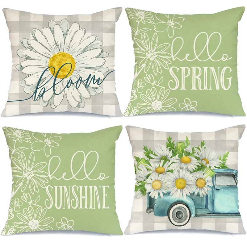 

Set Of 4 Spring Decorations Buffalo Plaid Farmhouse Throw Pillow Home Sofa Decor Cushion Case 18X18