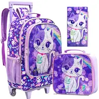 3PCS Rolling Backpack for Girls Kids Roller Wheels Bookbag with Lunch Bag Purple Cat Pattern Design Glow-in-the-Dark Function 1