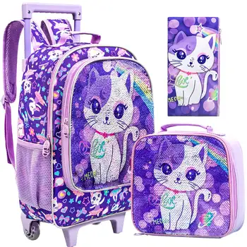 Zaino con ruote da 3 pezzi per ragazze Zaino con ruote per bambini con borsa per il pranzo Design con motivo gatto viola Funzione che si illumina al buio 1