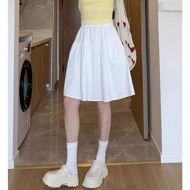 New Korean Summer Female Elegant A-line Skirts Lady Designer High Waist Thin Skirts Girls Fashion Solid Mid-Long Dress