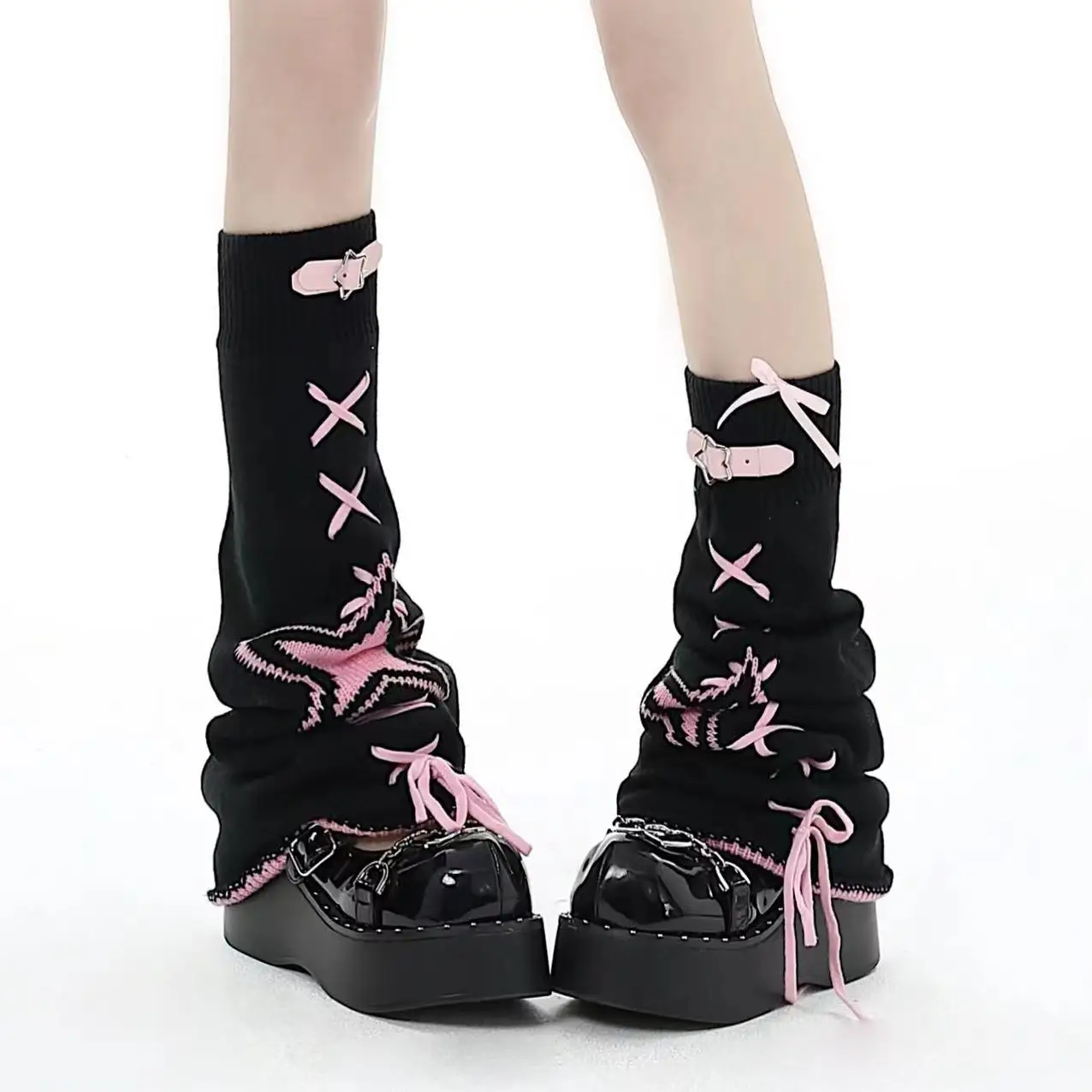 Japanese Style Star Leather Ring Y2k Stockings Strap Calf Bunching Socks Foot Sock Cute Sweet Average Size Mid-Calf Socks Autumn