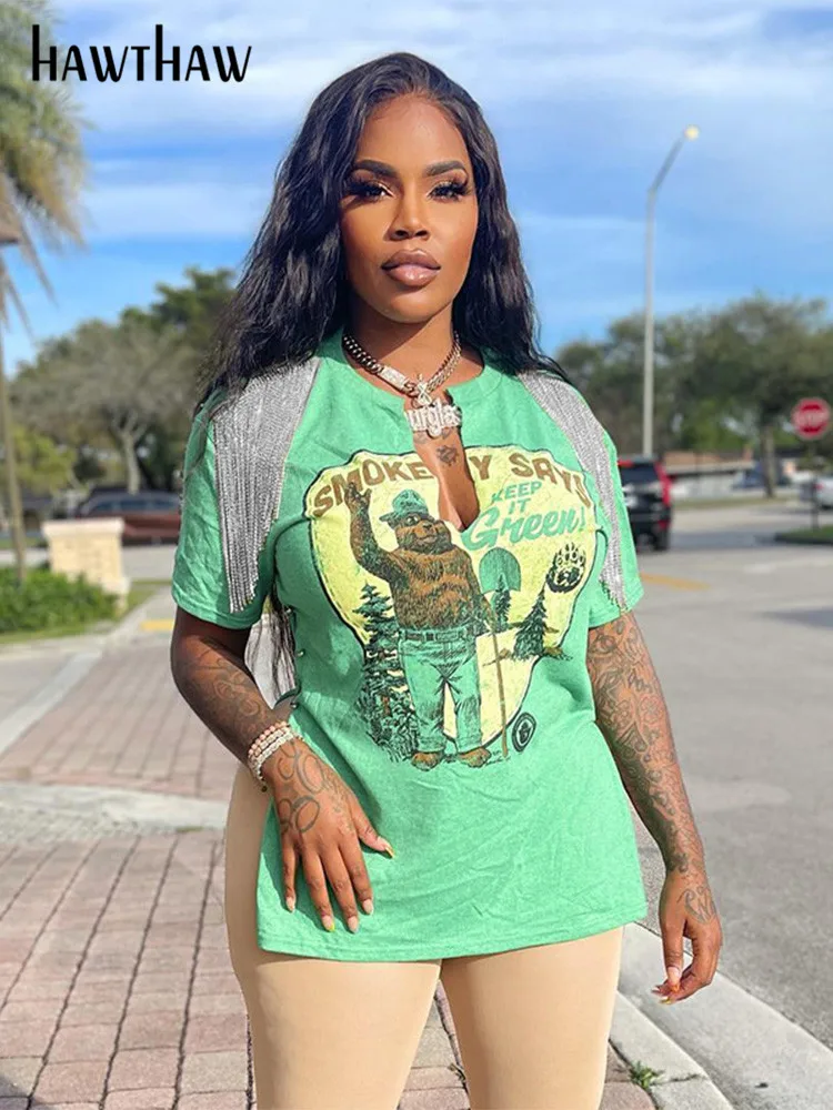 Hawthaw Women V Neck Letter Print Short Sleeve Graphic T Shirt Tops Tees Blouse 2022 Summer Clothes Wholesale Items Streetwear |