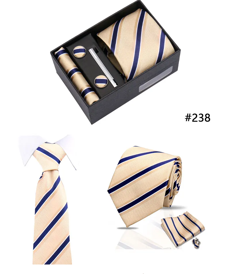 Top Quality Tie Set Gift Box Necktie Pocket Squares Cufflinks Tie-Clip Set With Black Box Men Birthday Gift Gravatas Accessories