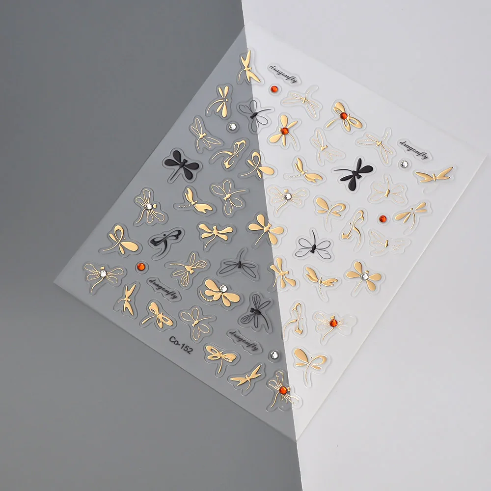 Luxury Series Dragonfly Golden Rhinestones Unique 5D Nail Stickers Back Glue Nail Sliders 5