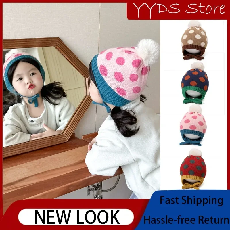 Cute Vintage Polka Dot Knit Hat for Kids Winter Cute Cross Furball Scarf Hat 2-piece Set Children Color-blocked Beanie