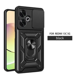 Slide Lens Protect Phone Case with Metal Ring Stand and Armor Back Cover for Redmi 13C 5G (SJ-Black)