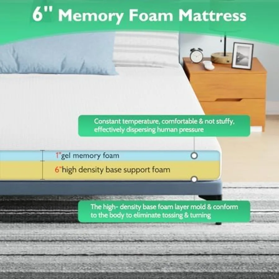 California King Mattress 6 inch Gel Memory Foam Mattress Medium Firm Mattresses for Cool Sleep Relieving Pressure Relief CertiP