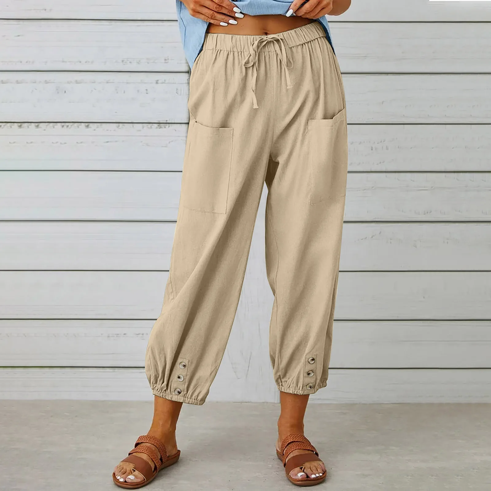 New Baggy High-waisted Buttoned Cotton Hemp Pants Nine-point Wide Leg Pants for Women