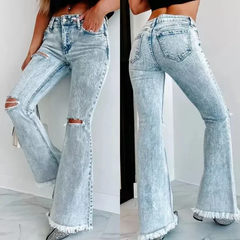 Vintage Hole High Waist Blue Ripped Jeans Women Streetwear Flare Jeans Rough Edges Baggy Pants Casual Trouser Women Clothes New real shot high waist vintage jeans women s shorts baby blue 2023 summer new splicing color contrast loose matching rough edging