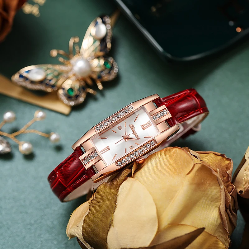 Luxury Fashion Women Leather Strap Rectangle Dial Quartz Watch