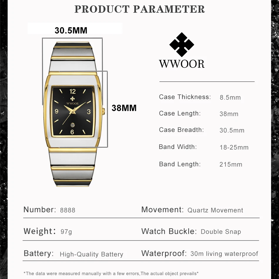 WWOOR New Fashion Watches for Men Luxury Square Men's Wristwatch Stainless Steel Waterproof Quartz Clock Male Relogio Masculino