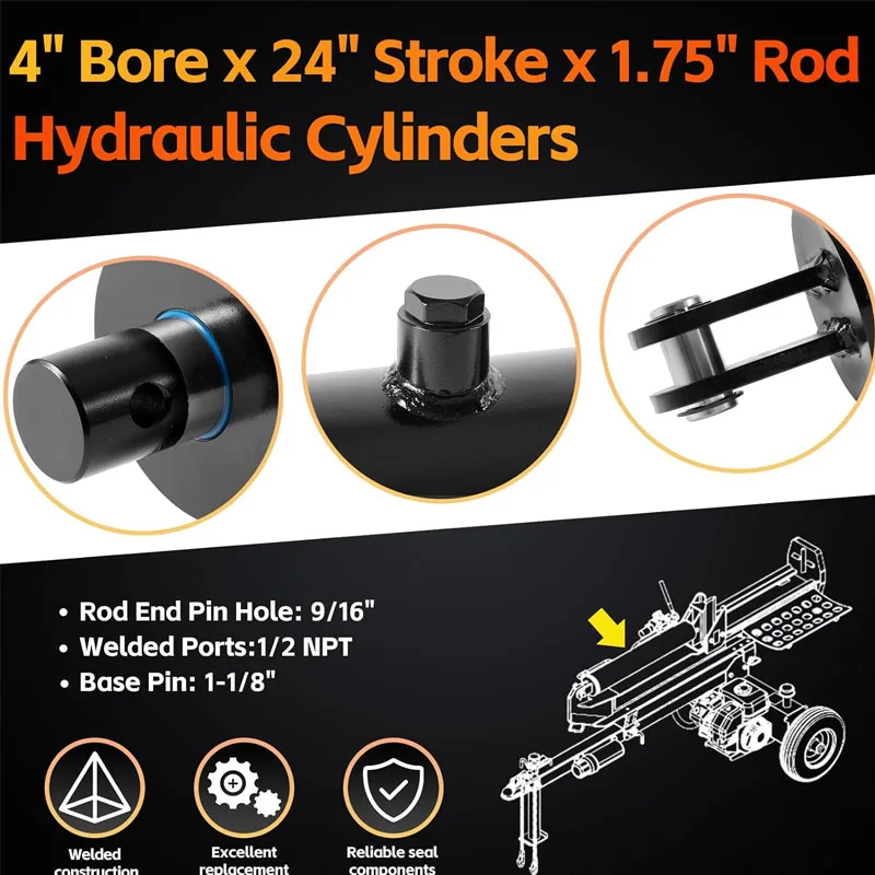 4"x24" Hydraulic Log Splitter Cylinder 4" Bore x 24" Stroke x 1.75" Rod for 22-25 Ton Log Splitters-Double Acting Cylinder