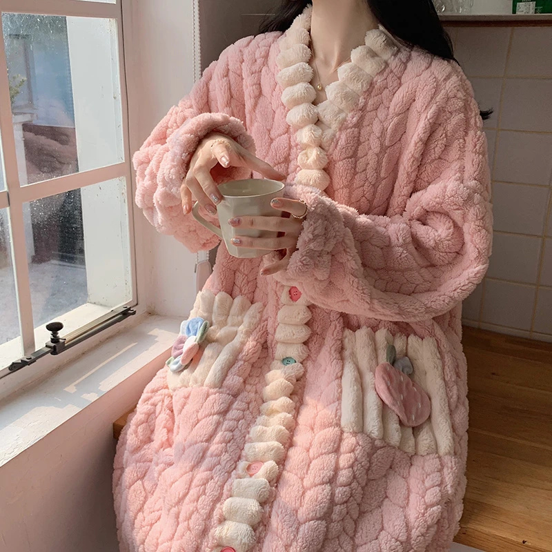 Women Sleepwear Sleepwear Pajamas Robes Women Solid Single Breasted Thick Loose Winter Warm Homewear Simple Leisure Lounge Popular College V-neck Feminino Cozy