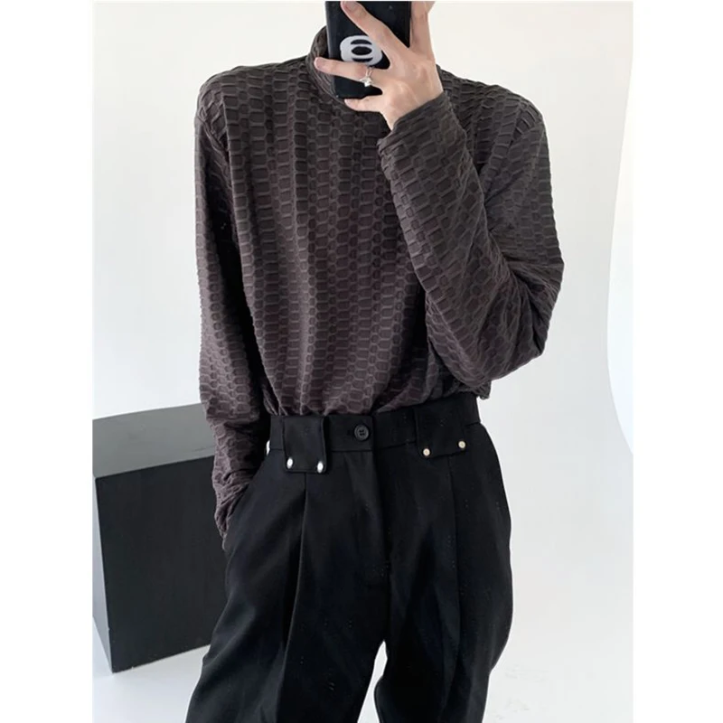 Fall Winter High Neck All-match Plaid Texture Casual Long Sleeve Men Harajuku Fashion Oversized 2023 Trend Solid Vintage 90s Top