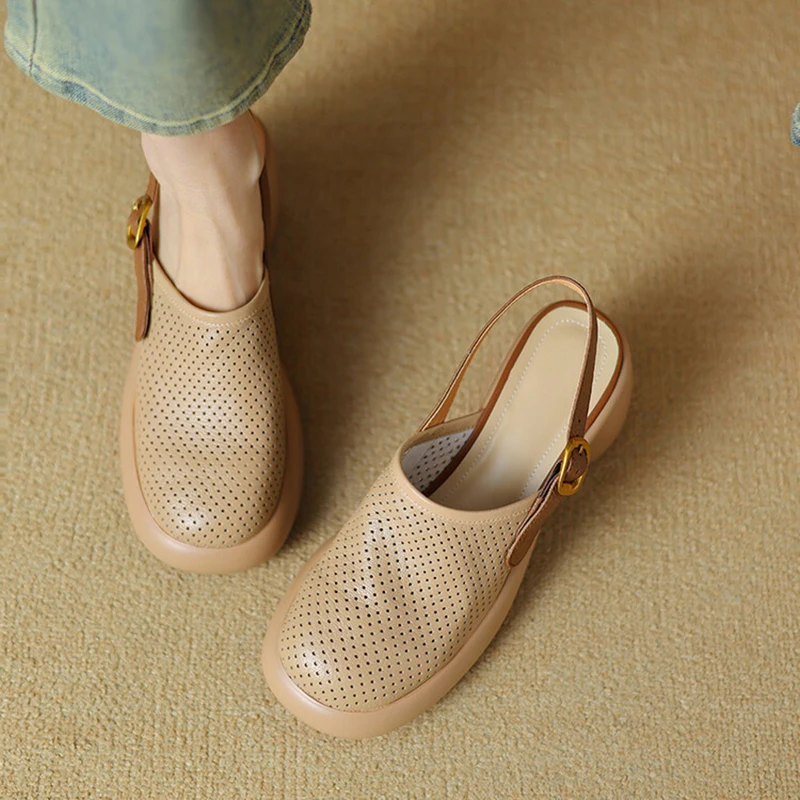 Women Mules Sandals Platform Heels Slingback Shoes Hollow Holes Baotou Fashion Comfortable Non-slip Sandals Female Size 35-40
