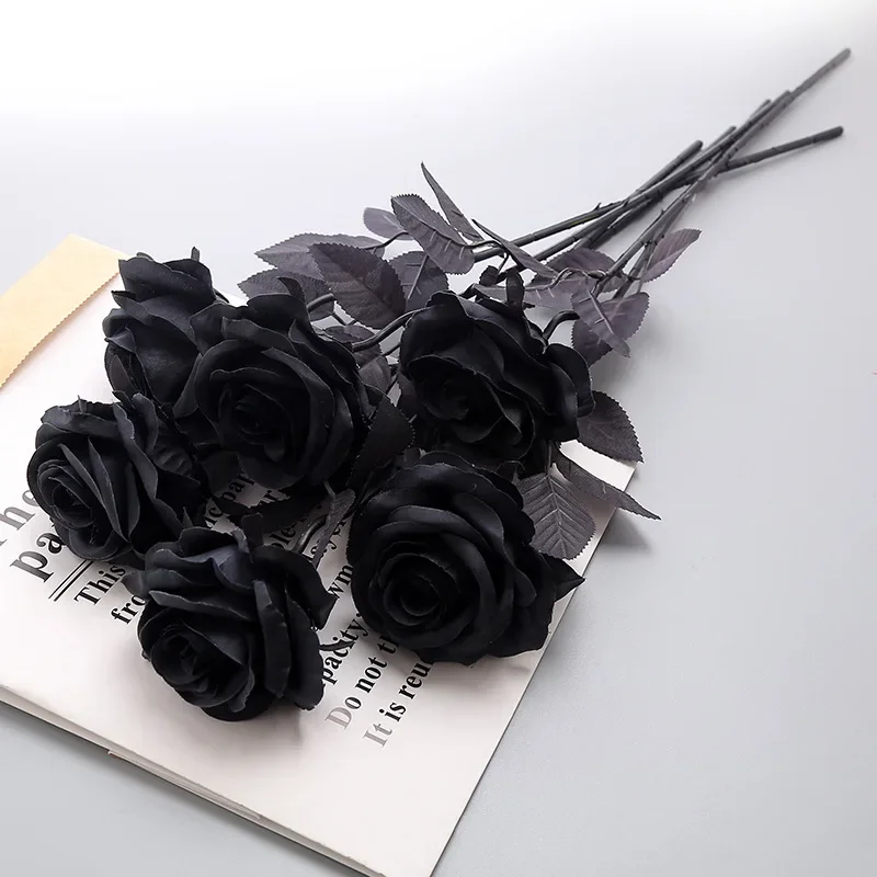 12 Stück künstliche Rosenblüten aus schwarzer Seide, Halloween, Gothic-Blumen, Hochzeit, Zuhause, Party, gefälschte Blumen, Dekoration, Gartendekoration