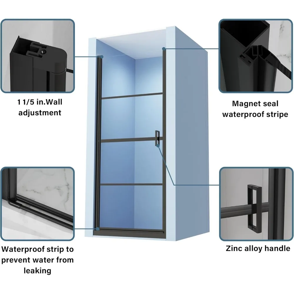 Shower Door, 32 in. W X 72 in. H, Pivot Swing, Clear Tempered Glass Hinge Swing, Bathroom Shower Door 4