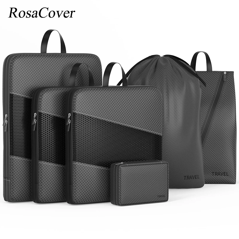 6PCS Compressed Packing Cubes Travel Storage Organizer Set With Shoe Bag Mesh Visual Luggage Portable Lightweight_voghion.com