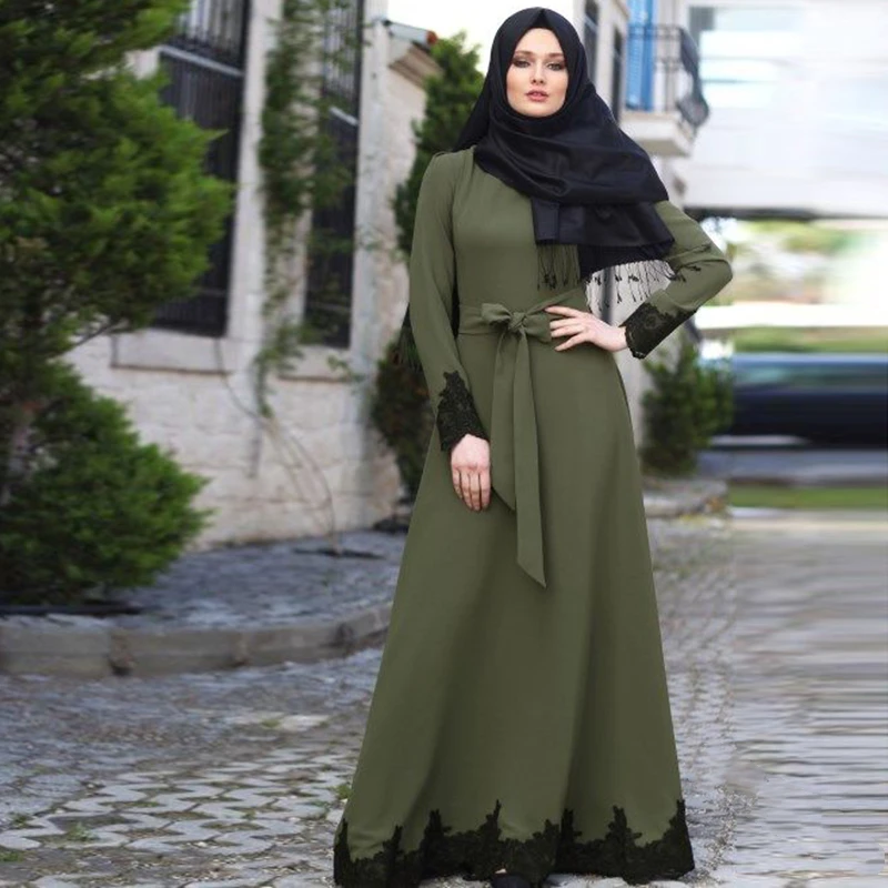 WEPBEL Arab Dubai Muslim Dress Elegant Kaftan  Abaya Turkish Robes Long Sleeve Islamic Clothing with Belt