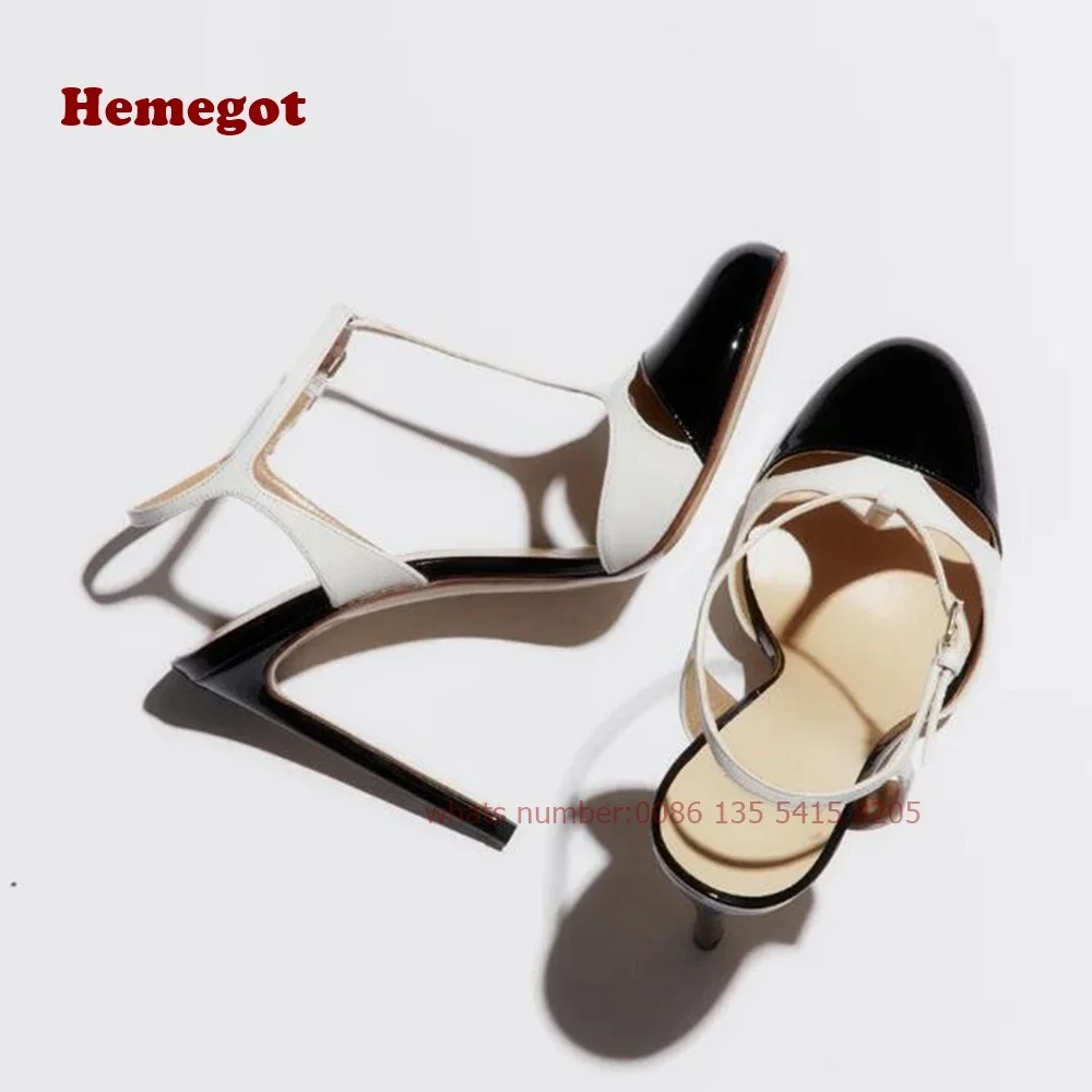 Cut Out T-Straps Women's Sandals Two Tone Round Toe Buckle Slingback High Heels Stiletto Summer Sandals Splicing Elegant Shoes