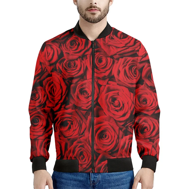 thumbnail image 1 of Chaqueta con cremallera y estampado de flores de rosas para hombre, abrigo con estampado floral en 3D de plantas, chaquetas informales de gran tamaño, ropa de calle, mangas largas, 1 of 5