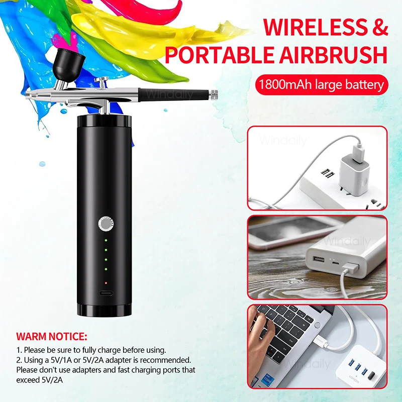 1800mAh Airbrush with Compressor Portable High Pressure Air Brush Gun For Nails Cake Painting Crafts Air Brush Kit Nails Spray