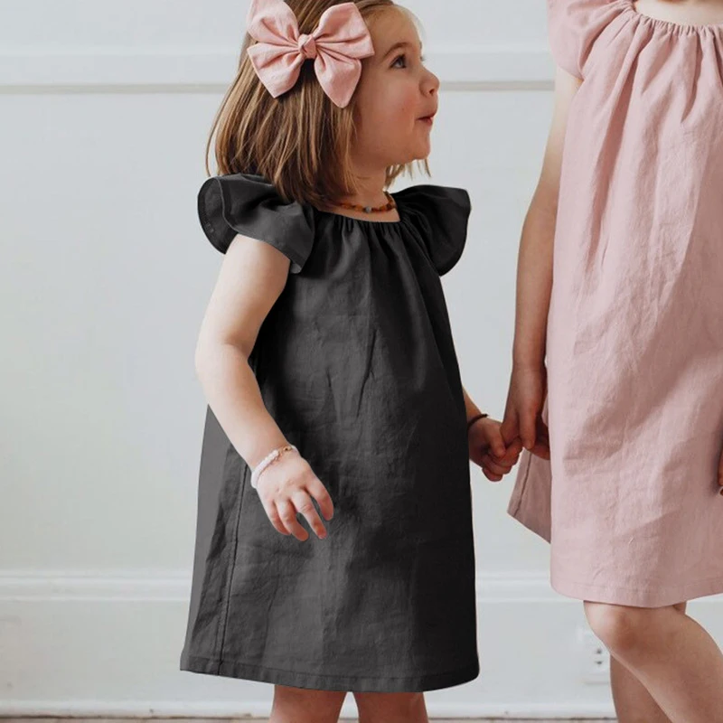 Girl Dresses Summer Linen Bamboo Fiber Blend Solid Color Cute Flying Sleeve Princess Dresses Children Clothing